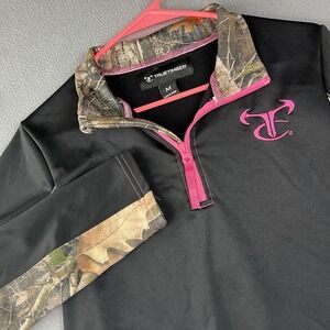 True Timber 1/4 Zip Pullover Womens Medium Black Pink Logo Camouflage Trim
